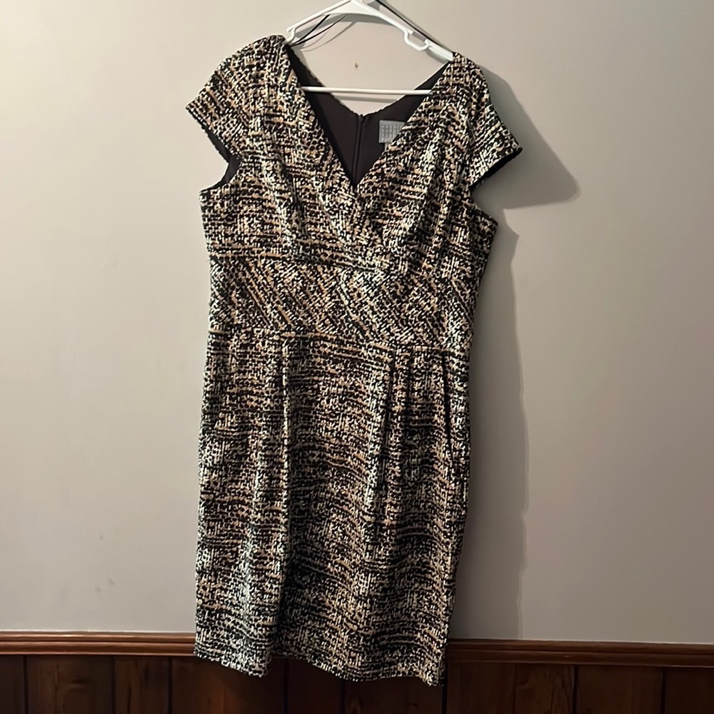 Black, tan, taupe and crème patterned dress.